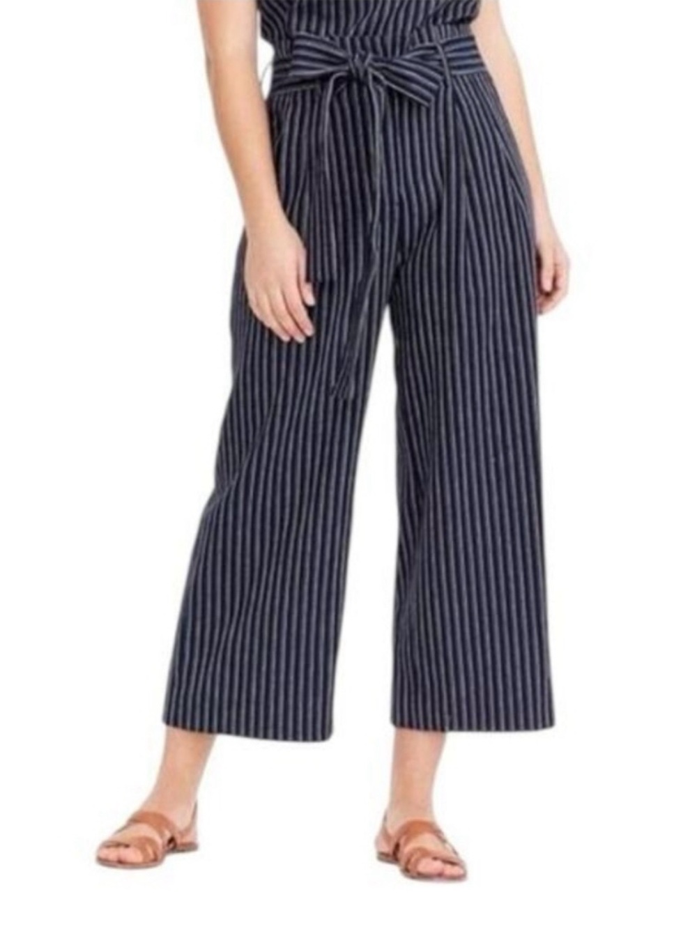 J. Crew Point Sur Striped Navy Wide-Leg Tie-Waist Linen Cotton Pants, Size 6